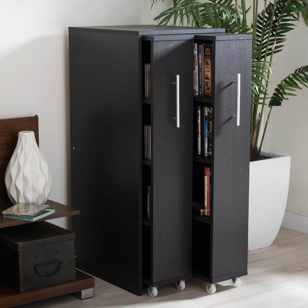 Dark Brown Wood Bookcase with Pull-Out Doors and Shelves
