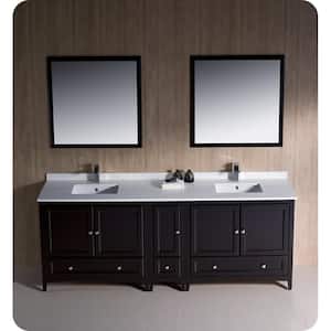 Oxford 84 in. Double Vanity in Espresso with Ceramic Vanity Top in White with White Basins and Mirror with Side Cabinet