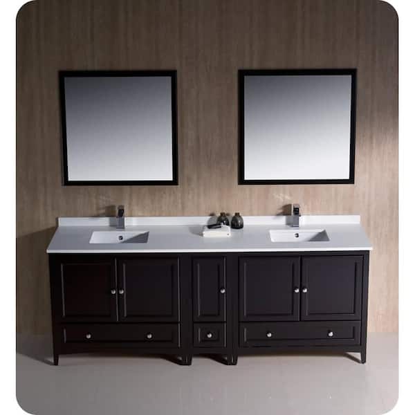 Fresca Oxford 84 in. Double Vanity in Espresso with Ceramic Vanity Top in White with White Basins and Mirror with Side Cabinet