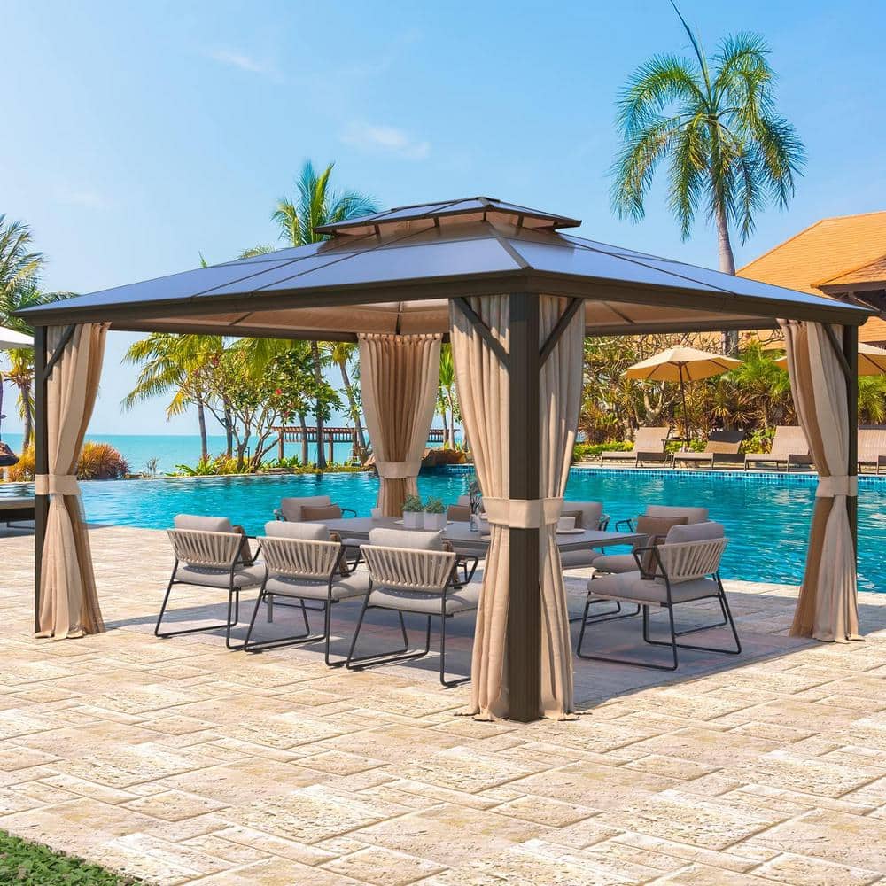 12 ft. x 14 ft. Gazebo Double Roof Canopy, Outdoor Permanent Metal Pavilion