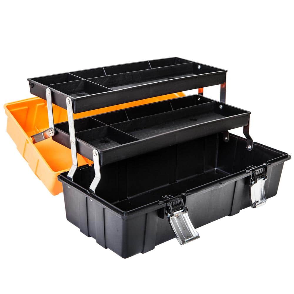 Big Red ATRJH-3430B Torin 17 Plastic 3-Layer Multi-function Storage Tool Box with Tray and Dividers, Black/Orange