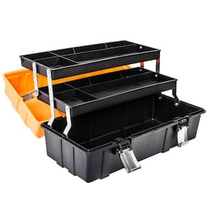 17 in. W x 9 in. D Plastic 3-Layer Multi-Function Storage Tool Box with Tray and Dividers, Orange