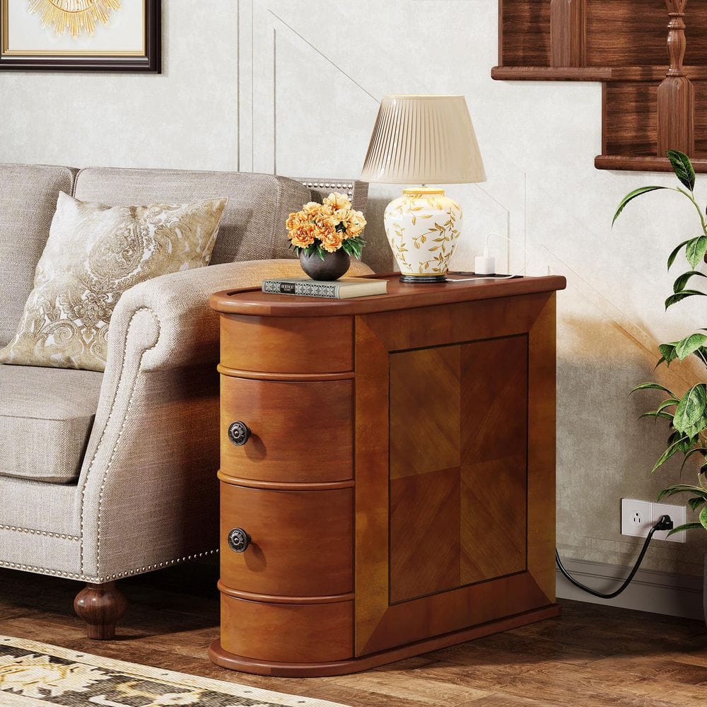 Kerlin 10.8 in. Walnut Rectangular Real Wood End Table with Charging Station, No Assembly Required Solid Side Table