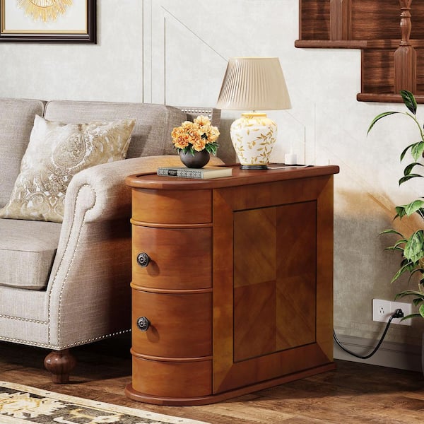 BYBLIGHT Kerlin 10.8 in. Walnut Rectangular Real Wood End Table with Charging Station, No Assembly Required Solid Side Table