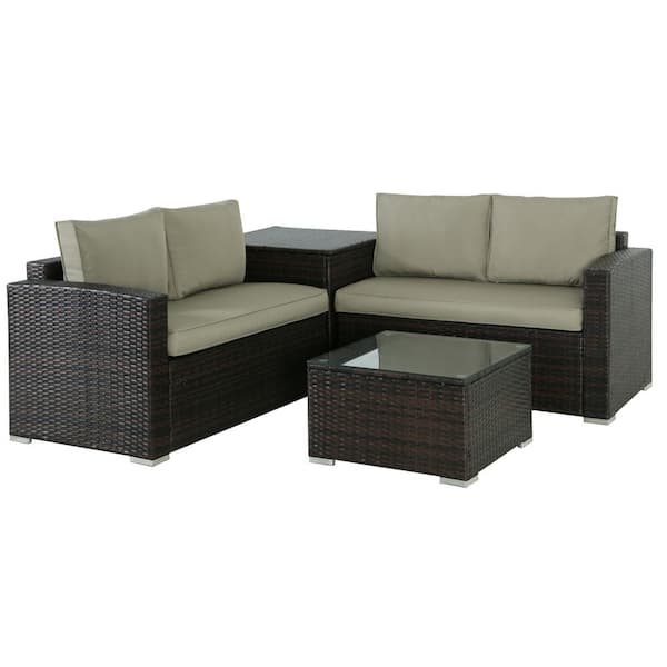 Unbranded Brown 4-Piece Patio Sectional Wicker Rattan Outdoor Sofa with Coffee Table with Khaki Cushions Set for Patio, Yard
