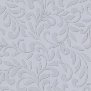 Scroll Damask Metallic Grey/Pearl Vinyl on Non-Woven Non-Pasted Wallpaper Roll