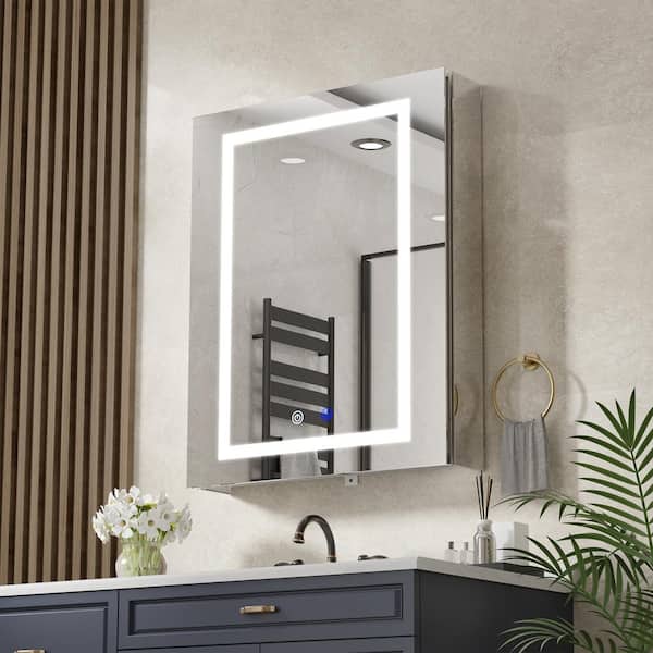 Simple Project 20 in. W x 30 in. H Rectangular Aluminum Light Medicine Cabinet with Mirror, Defogging, Mounted Recessed or Surface