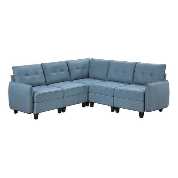 Lazzara Swallowtail 86 in. Pillow Top Arm 5-Piece Fabric Sectional Sofa with Storage in Blue