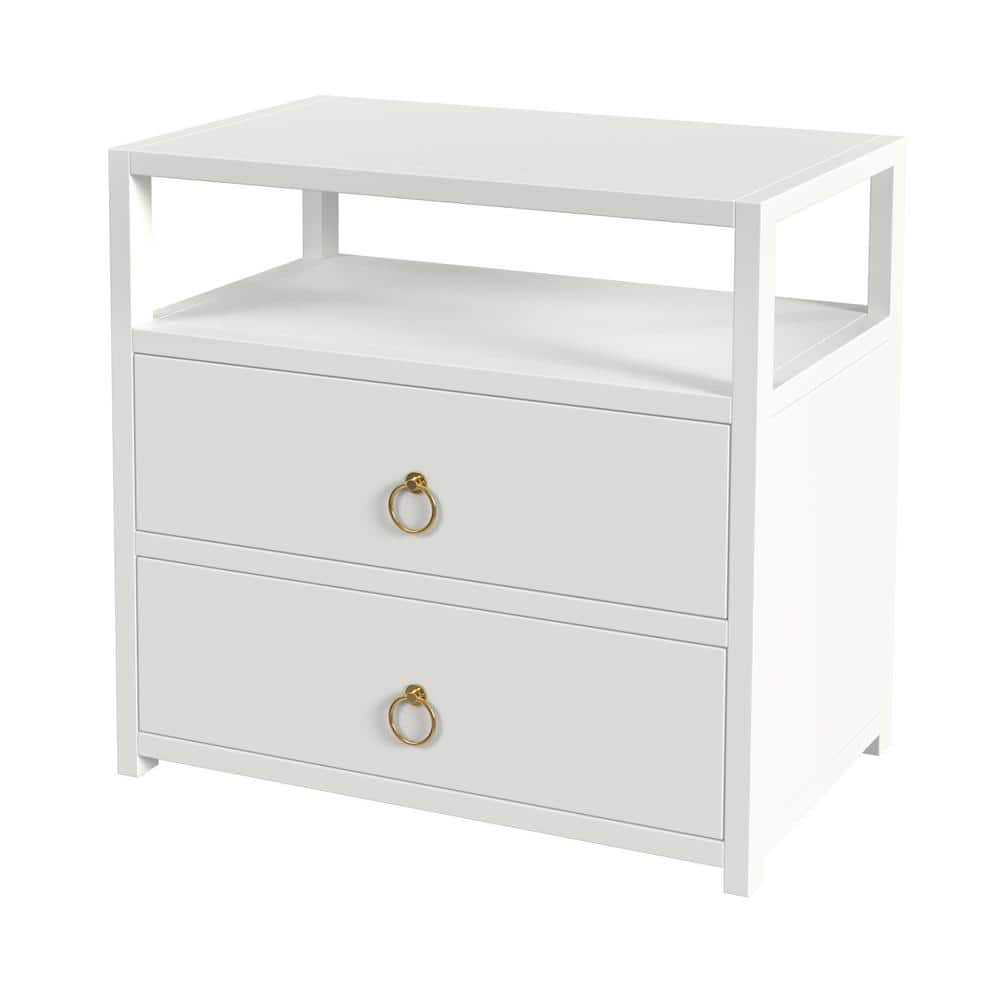 White Acacia 2-Drawer Nightstand with Brass Ring Pulls