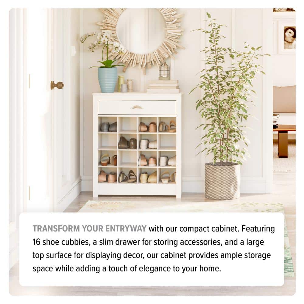 White 16-Cubby Entryway Shoe Storage Cabinet with Drawer