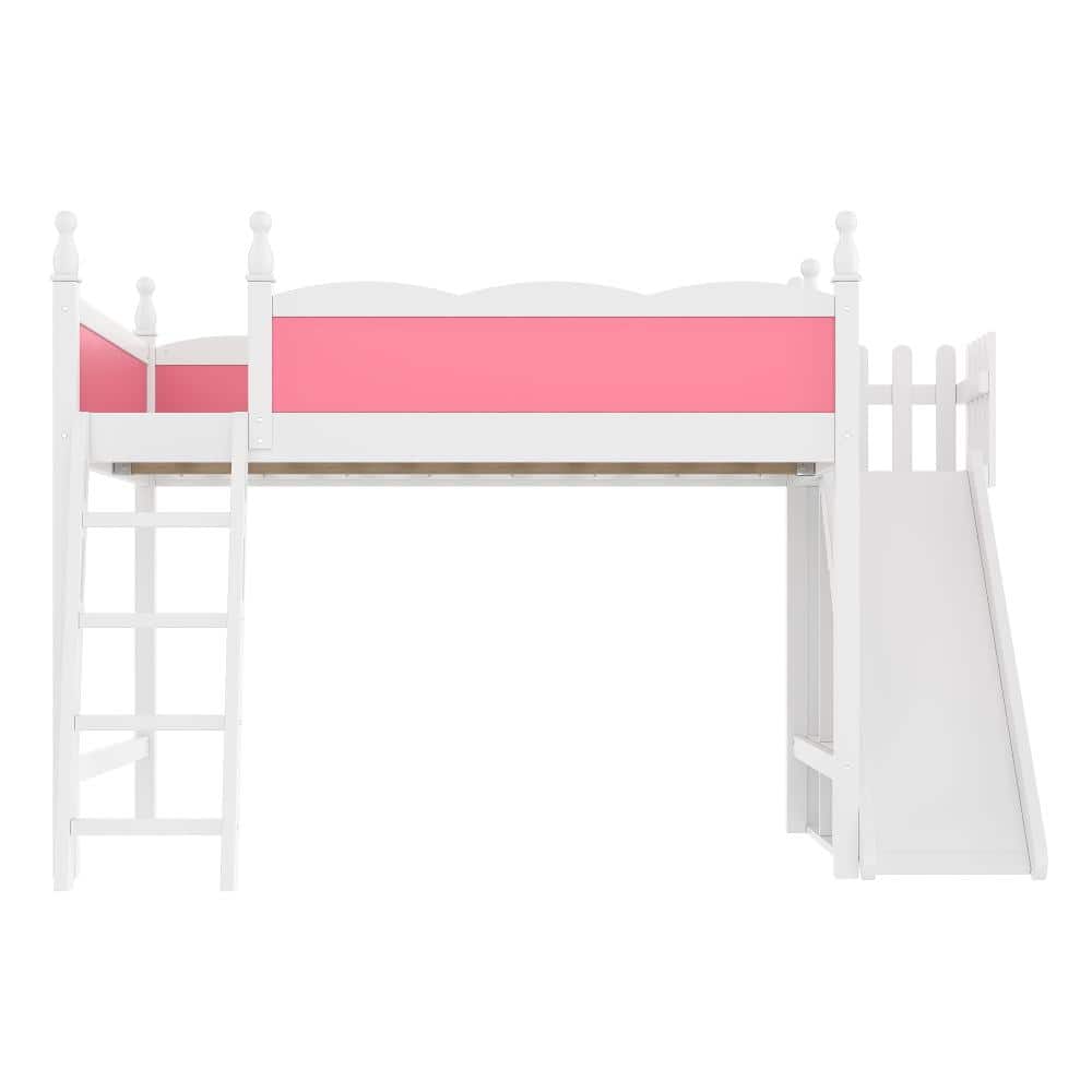 Pink White Queen Solid Wood Loft Bed with Storage Shelves, Wardrobe, Detachable Slide and Ladders