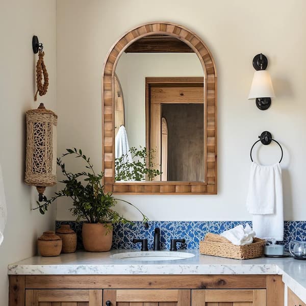 LuxenHome Natural Wood Frame Arch Rectangle Wall Mirror, 18.5 in