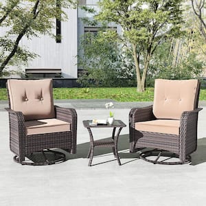 3-Piece Wicker Swivel Outdoor Rocking Chair with Cushion Sand