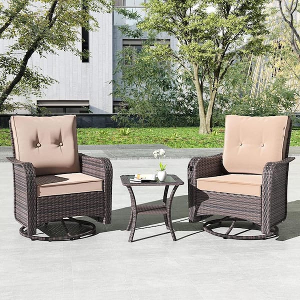 Halmuz 3-Piece Wicker Swivel Outdoor Rocking Chair with Cushion Sand