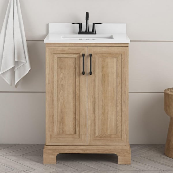 Glacier Bay Sinita 24 in. Single Sink Weathered Tan Bath Vanity with White Engineered Stone Top (Assembled)