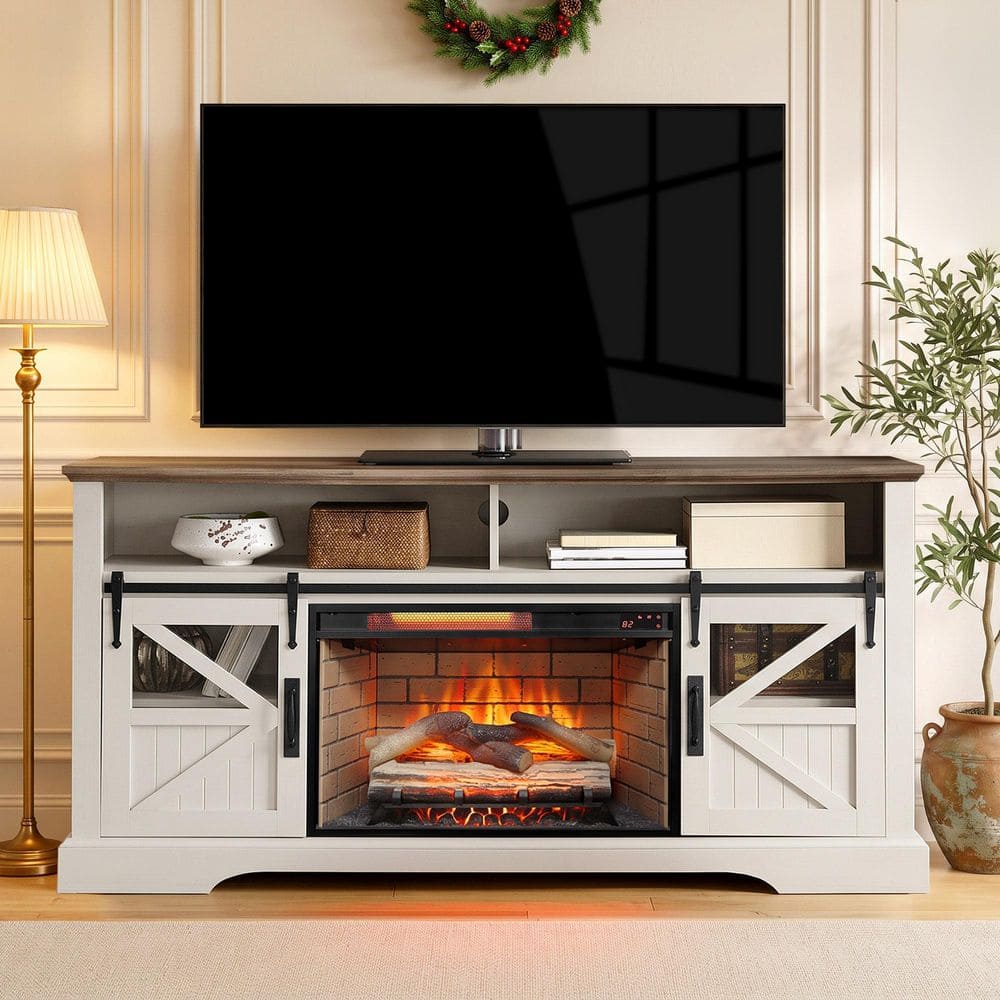 ToolCat 60 in. Freestanding Electric Fireplace TV Stand in White