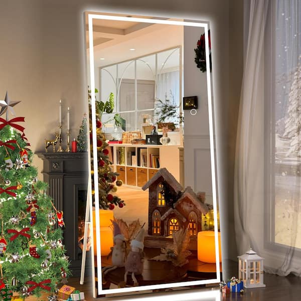 Hasipu 32 in. W x 79 in. H Square White LED Lighted Floor Standing Mirror, Hanging Mounted Mirror, Dimmable, Tempered Glass