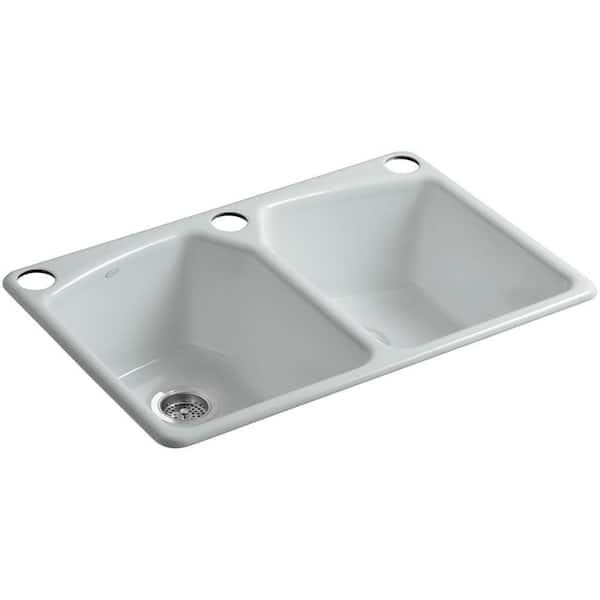 KOHLER Tanager Undermount Cast-Iron 33 in. 3-Hole Double Bowl Kitchen Sink in Ice Grey