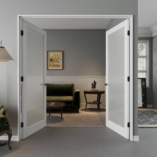 72 in. x 80 in. 1-Lite Frosted Glass Universal White Solid Core Wood Double Prehung French Door Plus Quick Assemble Jamb