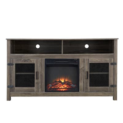 58 in. Gray Electric Fireplace TV Stand Fits TV's up to 65 in. with 2-Storage Shelves and Metal Mesh Barndoor Cabinet