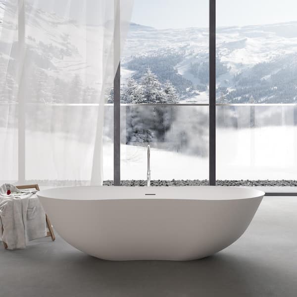 Xspracer Moray 67 in. x 31.5 in. Solid Surface Stone Resin Flatbottom Freestanding Bathtub Soaking Bathtub in Matte White