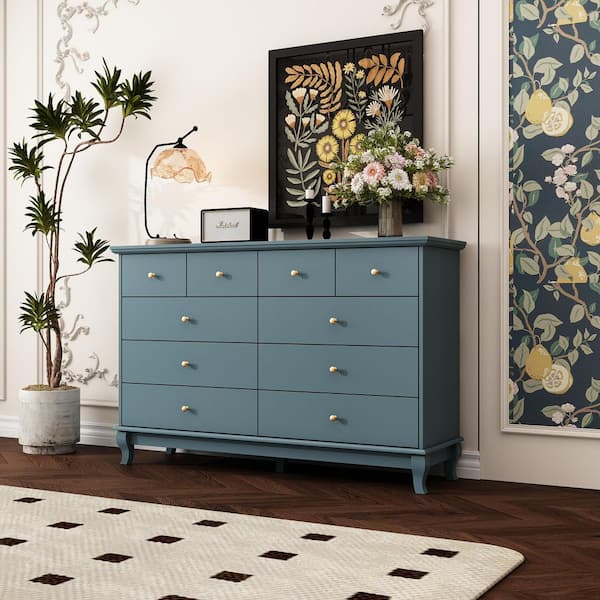 FUFU&GAGA Blue 10 Drawer 55.1 in. Chest of Drawers with Spacious  Countertop, Sturdy Legs and Golden Handles, Dresser with Storage  ZJ-JQ330034-03 - The Home Depot