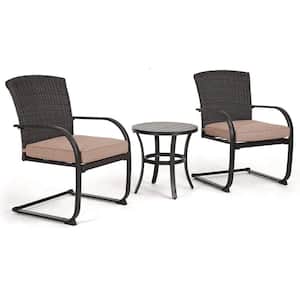 Black Full-Iron Metal Outdoor Chatting Table and Lounge Chair Set with Detachable Beige Cushions (2-Pack)