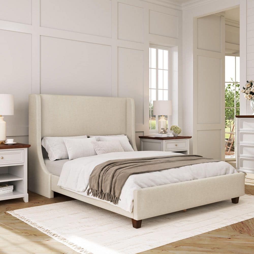 Brent 51 in. Light Khaki Brown Legs Solid Wood Frame Queen Size Platform Bed Corduroy Cover Bed Frame w/ Tall Headboard price history on PriceWatchPro