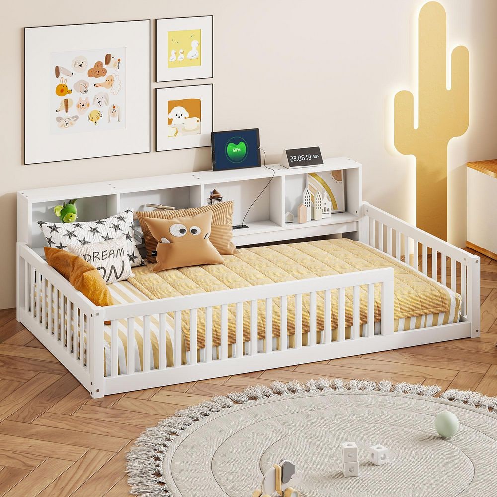 Tiffany White Twin XL Size Floor Platform Bed, Kids Bed with USB Ports, Storage Cabinets, Guardrail, Shelves price history on PriceWatchPro
