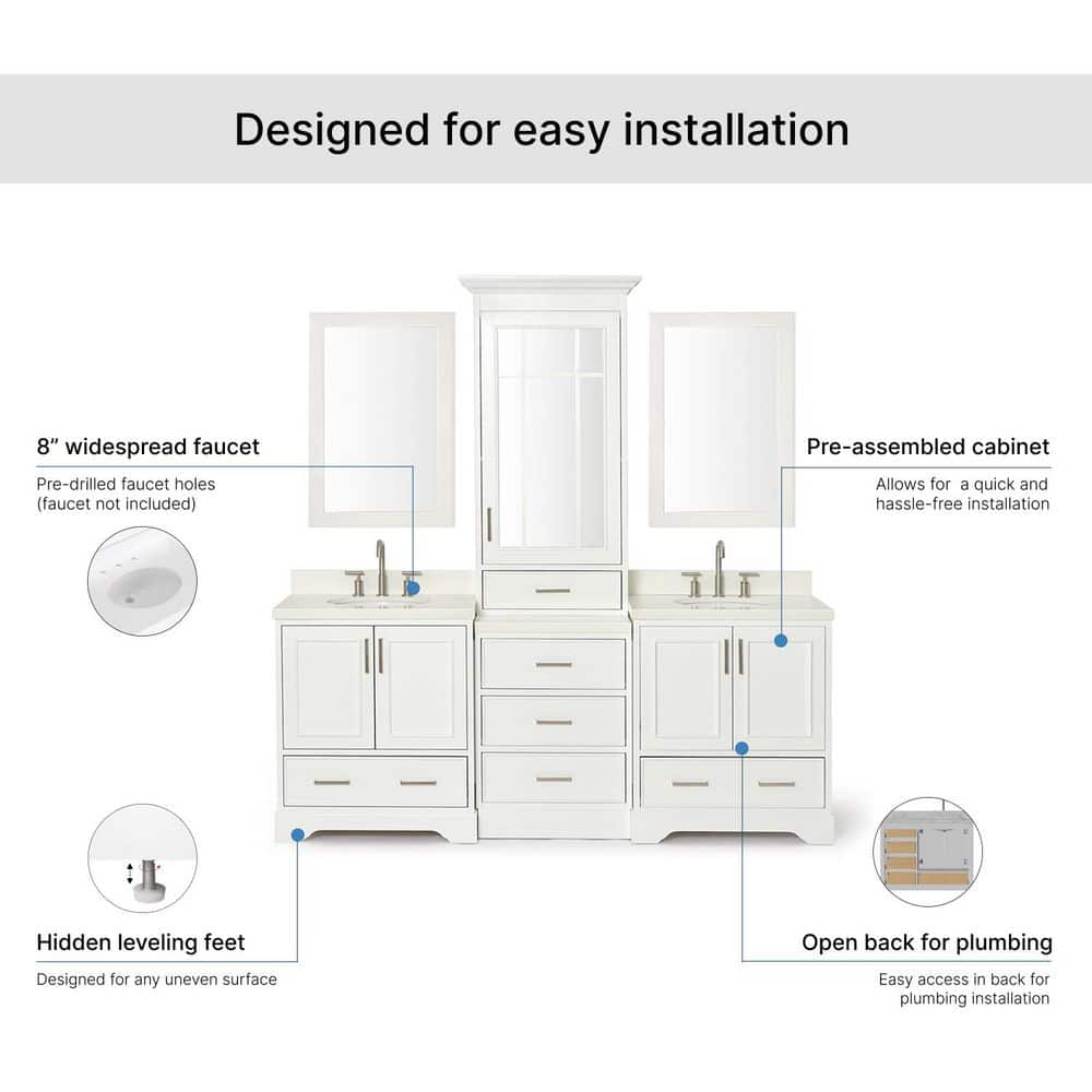 Stafford 85" White Double Sink Vanity Set with Quartz Top