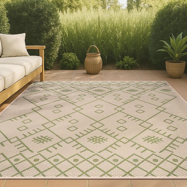 JONATHAN Y Boho Moroccan Beige/Green 8 ft. x 10 ft. Indoor/Outdoor Area Rug