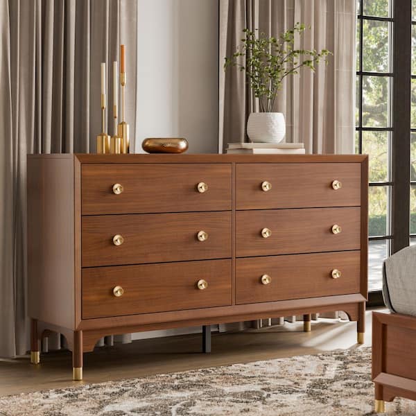 dresser walnut Anton Mid-Century Solid Wood with Walnut Finish 6-Drawer Dresser