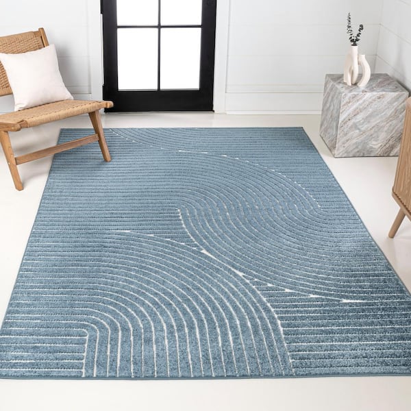 Hallie High-Low Minimalist Curve Geometric Dark Blue/Cream 4 ft. x 6 ft. Indoor/Outdoor Area Rug