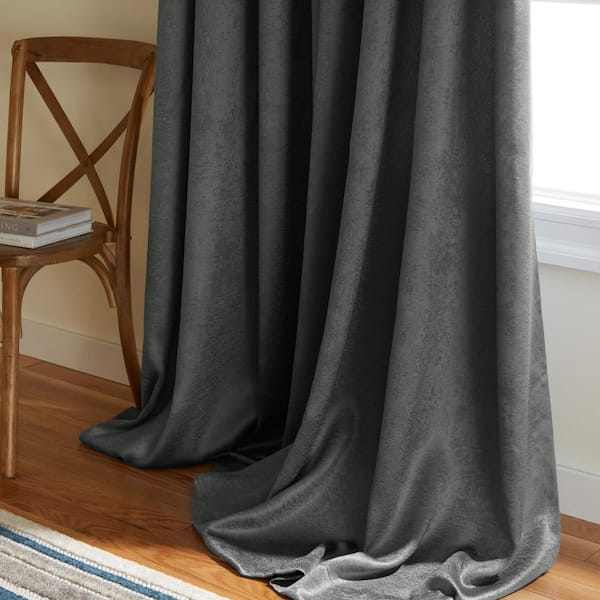 Lustre Charcoal Solid Woven Room Darkening Grommet Top Curtain, 52 in. W x 63 in. L (Set of 2)