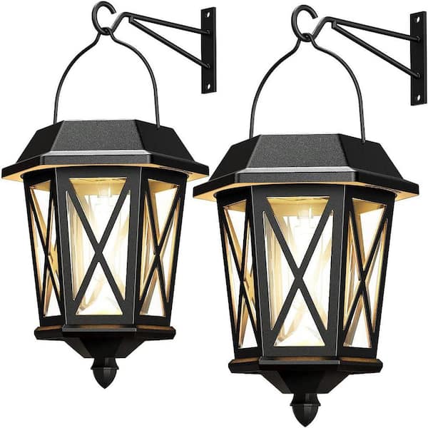 Black Waterproof Solar Lantern, LED Metal Wall-Mounted Outdoor Light with Glass Shade, 2 Pack