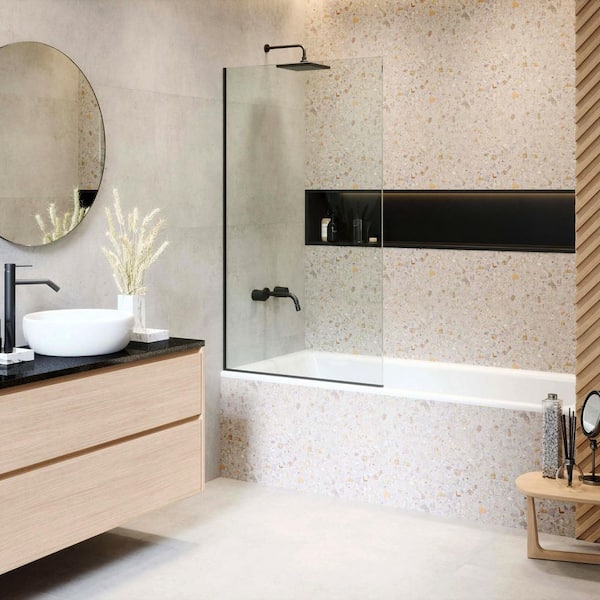FINE FIXTURES 30 in. W x 58 in. H Fixed Tub Door Frameless in Black Finish with Tempered Clear Glass