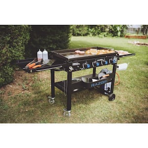 37 in. 4-Burner Portable Propane Gas Griddle Flat Top Grill in Black with Foldable Shelves and Cover