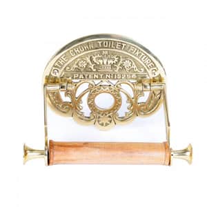 Bright Brass Wall Mount Toilet Paper Holder 7.25 in. Wide Crown Style Brass Finish with Wooden Roll