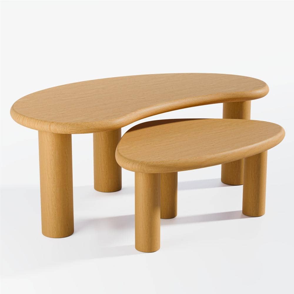 Natural Finish Solid Wood 34 in. Coffee Table with Cashew Shape Set