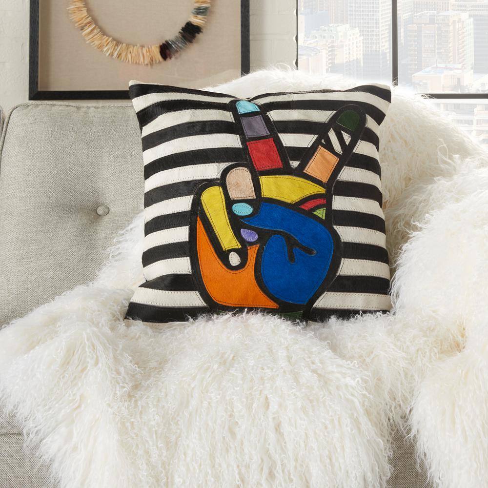 Multicolor Leather Patchwork Peace Hand 20" Throw Pillow
