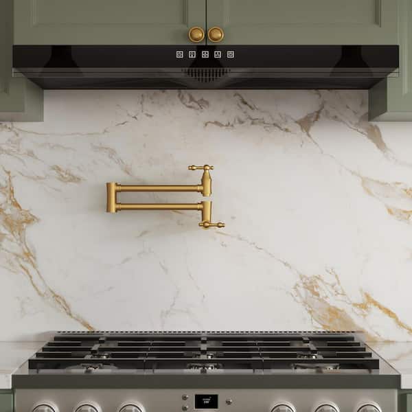 26 in. Wall Mount Double Handle Kitchen Pot Filler Faucet with 360° Swivel Arm in Brushed Gold