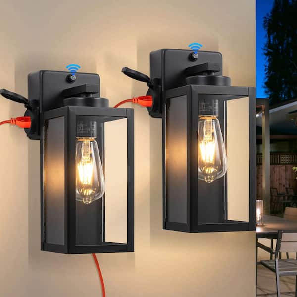 C Cattleya 12. 5in. Black Dusk to Dawn Outdoor Hardwired Wall Lantern Sconce with Built-in Outlet, No Bulbs Included (2-Pack)