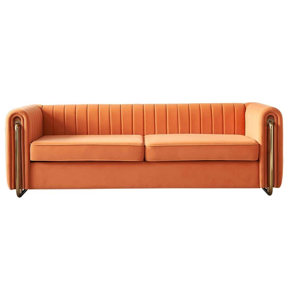 Contemporary Velvet Sofa 84.25 in. Rolled Arm Velvet Tufted Back with Gold Metal Legs Sofa in Orange price history on PriceWatchPro