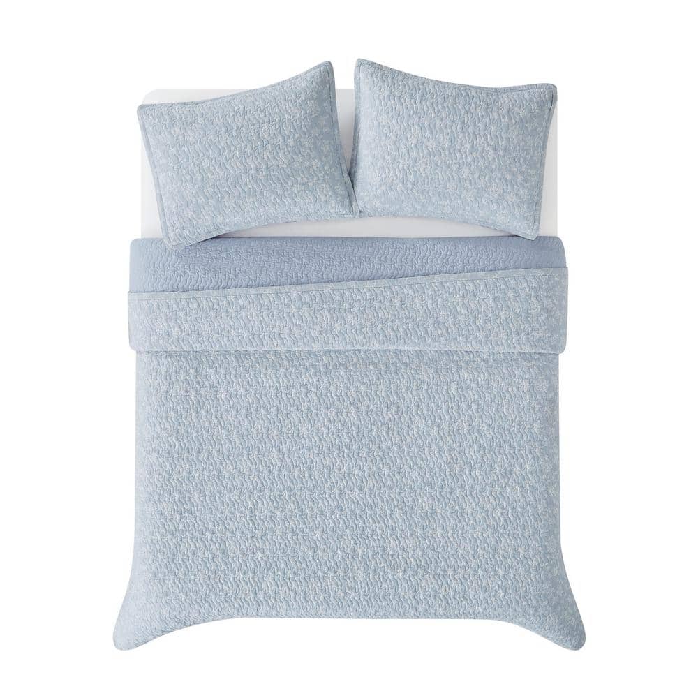 Majesty Blue Cotton Full Quilt Set with Floral Design