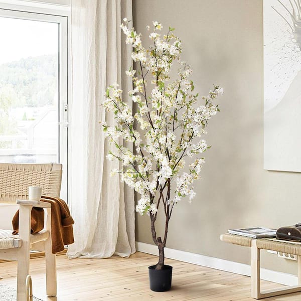LIVING LUXURY 6.5 ft. Cream White Artificial Cherry Blossom Flower