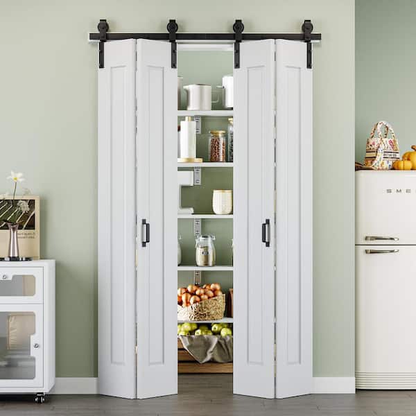 48 in. x 84 in. Paneled 1-Lite White Primed MDF Composite Bi-fold Sliding Barn Door with Hardware Kit and Handle