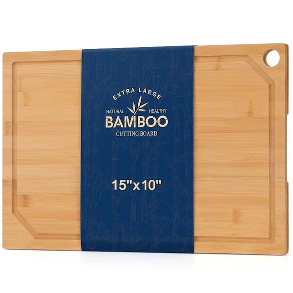 15 in. x 10 in. Rectangular Bamboo Cutting Board for Kitchen, Heavy Duty Wood Cutting Board with Juice Groove