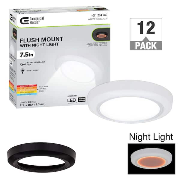 7.5 in. Disk Light LED Flush Mount with Night Light Feature and Extra Black Trim 1000 Lumens Adjustable CCT (12-Pack)