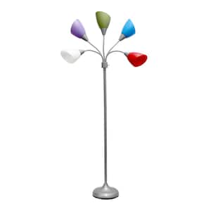 67 in. Silver and Primary Multi-Colored 5-Light Adjustable Gooseneck Floor Lamp with Plastic Shades