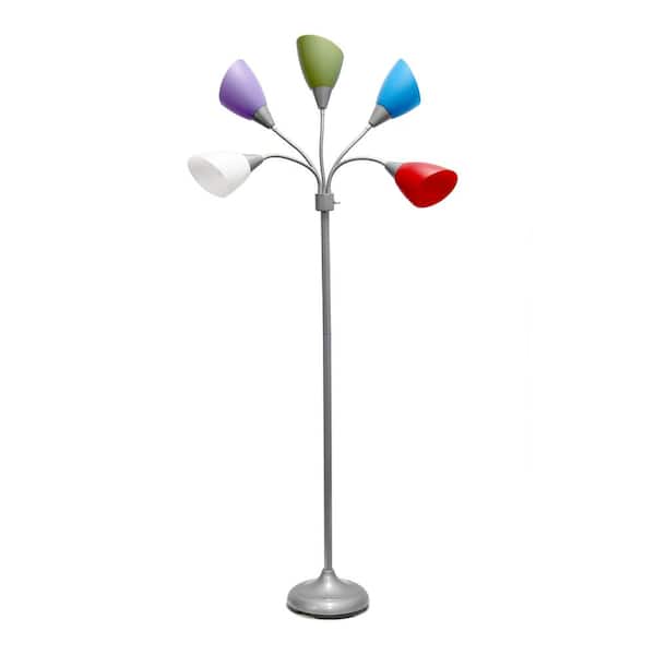 Simple Designs 67 in. Silver and Primary Multi-Colored 5-Light Adjustable Gooseneck Floor Lamp with Plastic Shades
